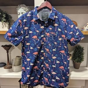Modern Culture Modern Fit Blue Button Up Flamingo Hawaiian Shirt Size Large